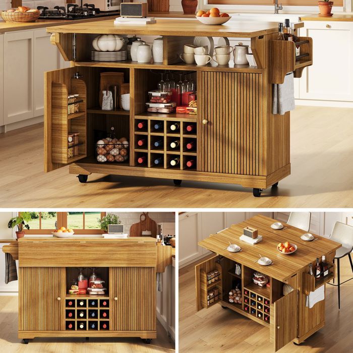 Chariot de cuisine - WESTYLE - Multifonction - Plateau relevable - Porte-bouteilles amovible - Roulettes freinées