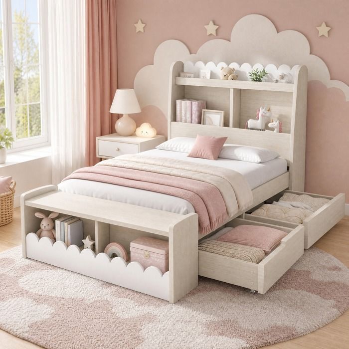 Lit combiné enfant - ZEVKOR - Simple 90×190 cm - 2 tiroirs profonds - Étagères tête et pied - Blanc & chêne clair