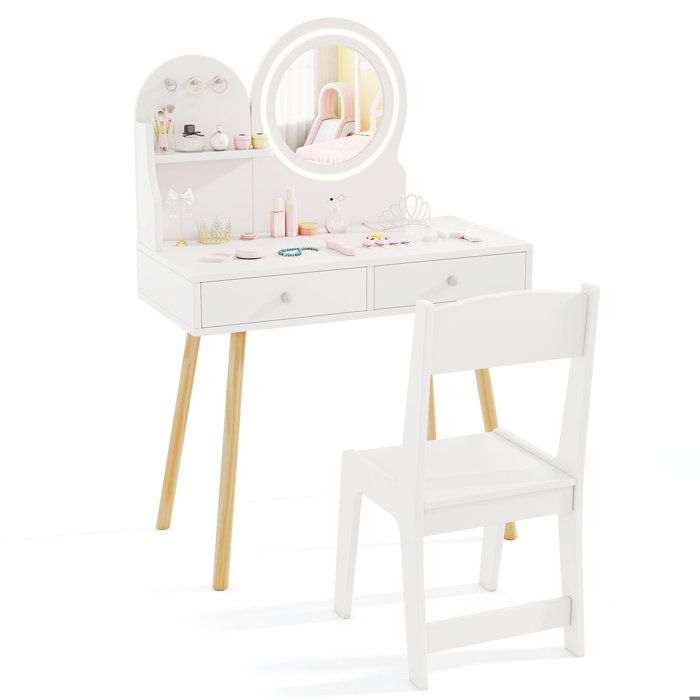 Coiffeuse enfant avec chaise miroir lumineux 2 couleurs rangements et coins arrondis pour chambre