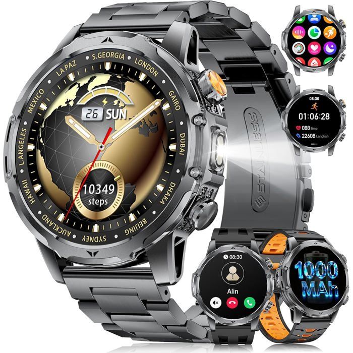 Montre Connectée Homme 1000mAh Batterie/1.53HD Écran/LED Lampe/Appel Bluetooth Smartwatch Homme