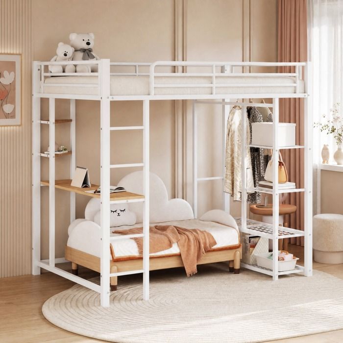 MEULVA Lit mezzanine en métal blanc 140 x 200 cm avec bureau penderie et rangements