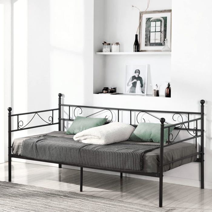 Cadre de lit simple en métal 90 x 190 cm - Canapé-lit banquette en fer forgé noir sans sommier