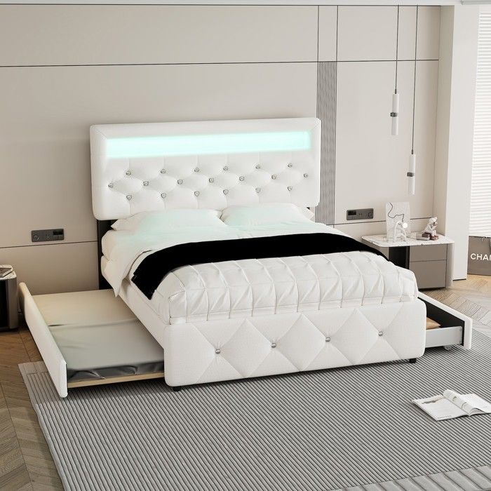 Lit rembourré double 140x200cm 90x190cm avec tiroirs et sommier à lattes blanc avec éclairage led Lit rembourré double 140x200cm 90x190cm avec tiroirs et sommier à lattes blanc avec éclairage led