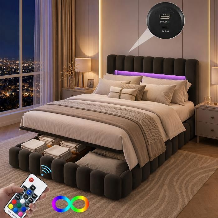 Lit Coffre 180x200 avec LED RGB USB Type-C Lit Double Adulte Hydraulique en Lin Sommier à Lattes Grand Rangement Sans Matelas