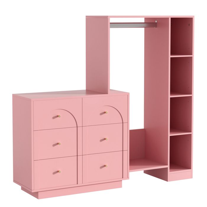 Armoire ouverte multifonction rose avec barre de penderie 6 tiroirs et étagères latérales 139 x 35 x 133 cm