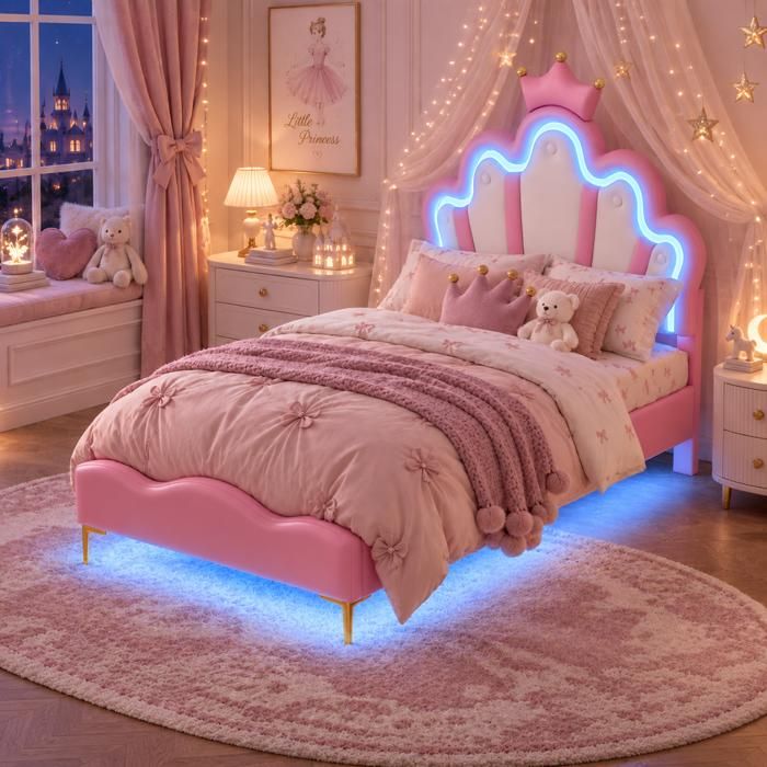 Lit princesse 90x200 avec Éclairage LED RGB - tête de lit couronne réglable - sommier à lattes - décor couronne - 1 place - PU rose