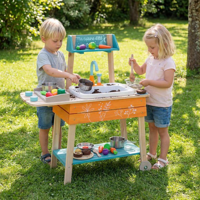 Cuisine Enfant Extérieur COSTWAY en Bois avec Évier Amovible Grille de Barbecue Boutons Rotatifs Robinet Circulant Étagères