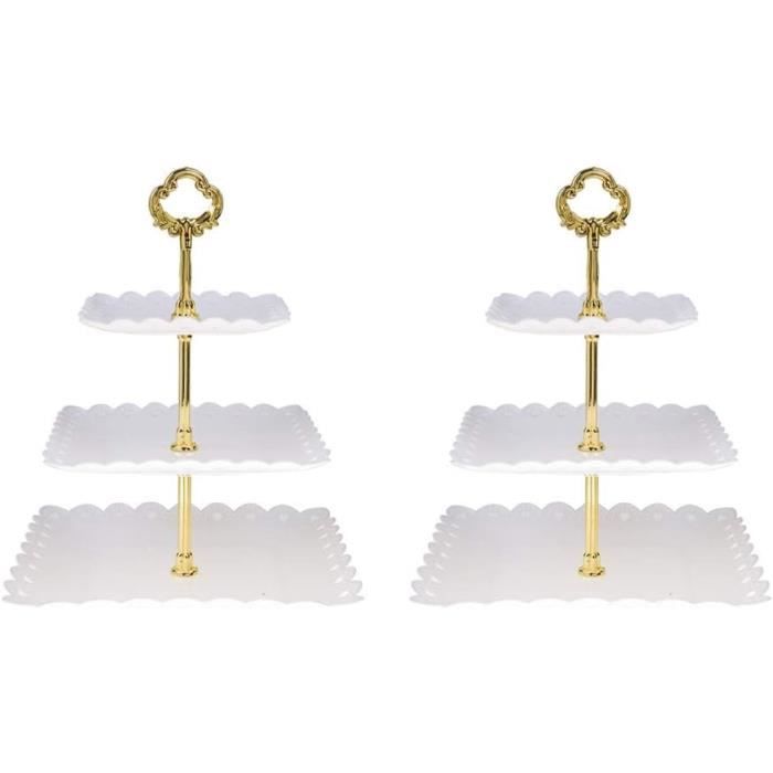 Set De Présentoir à Gâteaux Vintage Blanc - 2 Supports 3 Étages + 3 Plateaux Rectangulaires Pour Mariage Et Fêtes
