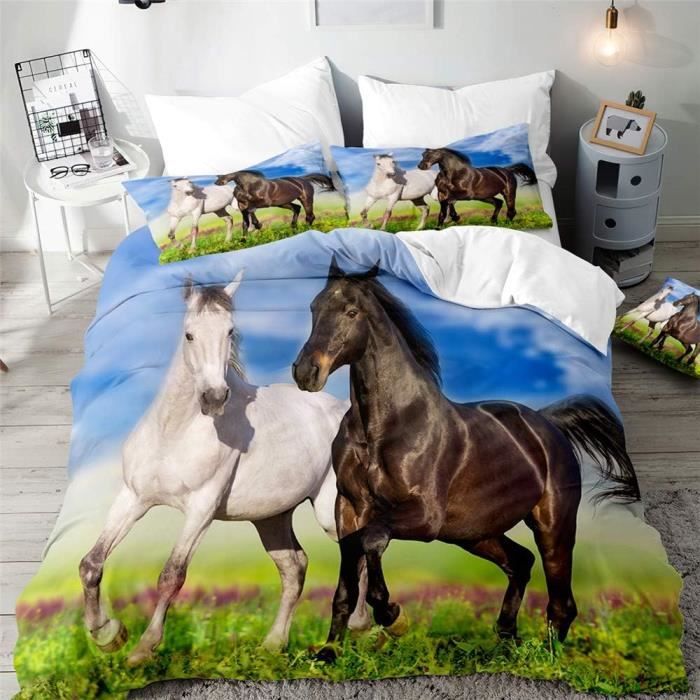 Parure De Lit Bleu 100% Coton Housse De Couette + 2 Taies D'oreiller