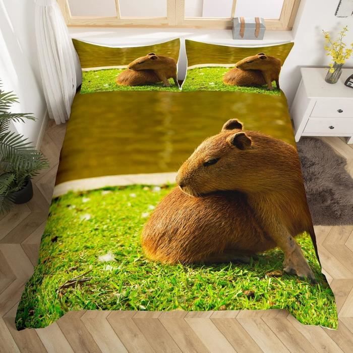 Housse De Couette 220x240 Cm Capybara Fleuri - Microfibre Douce - 3 Pièces (housse + 2 Taies) - Pour Enfant, Ado, Adulte