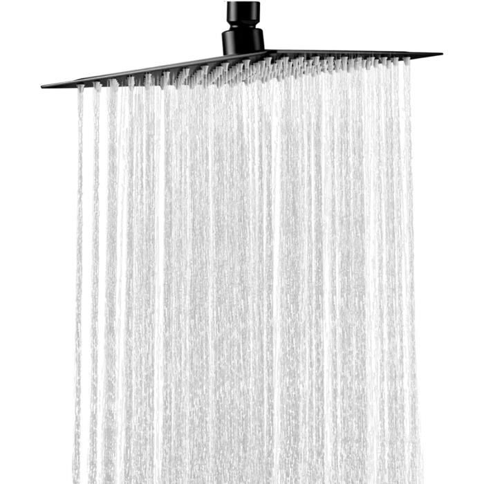 Pommeau De Douche Pluie Noir Carré 8 Pouces - Réglage 360° - Buses Silicone Anti-calcaire - Acier Inoxydable