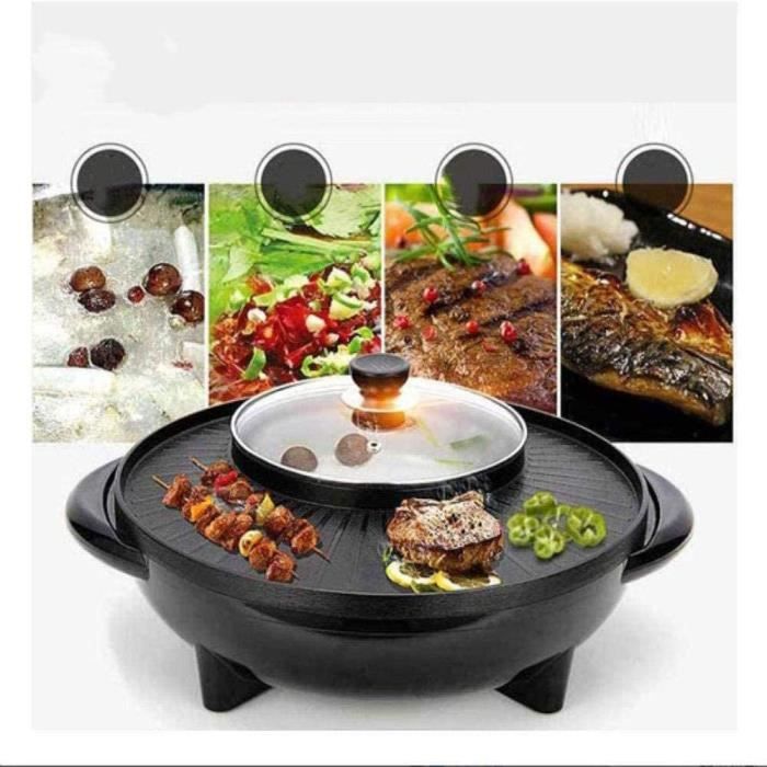 2 En 1 Fondue Electrique Hot Pot BBQ,Barbecue Coréen Sans Fumée  Intérieur,Chauffage Rapide Haute Puissance Super Grande Capacité Facile À
