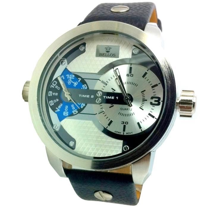 MONTRE HOMME CUIR NEW MINI DADDY NOIR BLACK ARGENT 2 FUSEAUX HORAIRE IDÉE CADEAU
