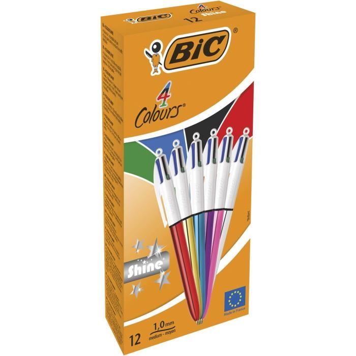 BIC 4 Couleurs Stylos-Bille Rétractables Pointe Moyenne 1.0 Mm - Corps Doré Givré Texturé, Boîte De 12 - L'Incontournable Ultra Coloré