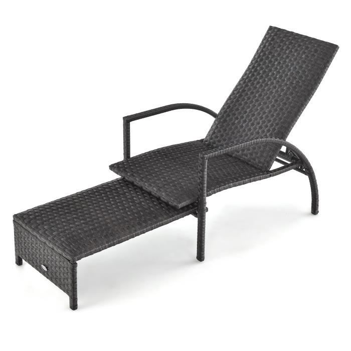 costway chaise longue en rotin avec pouf rétractable, dossier réglable à 5 niveaux, accoudoirs, pour jardin, arrière-cour, 150 kg