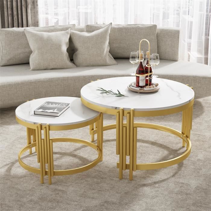 Table basse gigogne - DREAMMESPACE - Lot de 2 - Aspect marbre - Métal doré - Rond