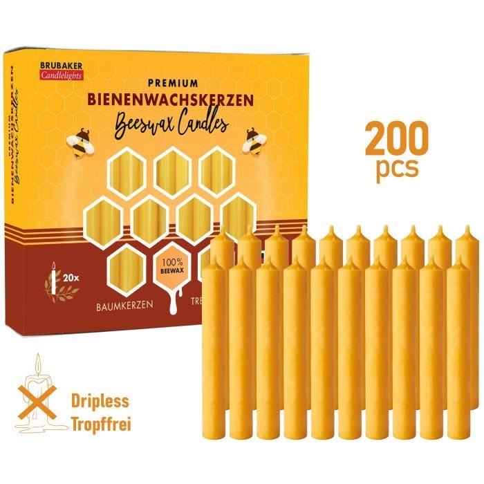 BRUBAKER Bougies De Noël Cire D'Abeille 100% - Lot 20 - 1,25 Cm Jaune Miel Pour Sapin & Pyramide