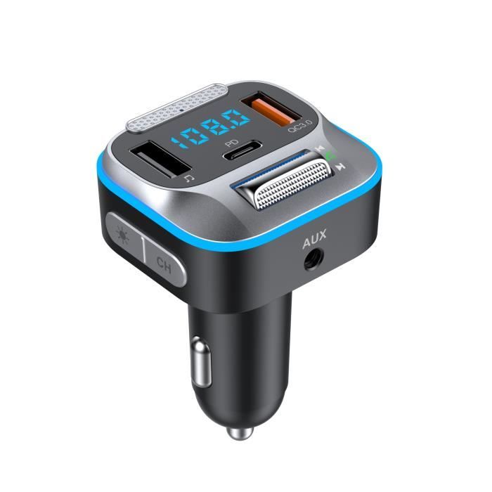 Transmetteur FM Bluetooth 5.0 Voiture – Charge Rapide PD 20W, Appels Mains-Libres, LED Colorées, Bass Boost