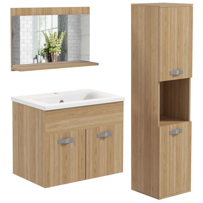 Ensemble de Meubles de Salle de Bain - kleankin - 4 Pièces - Mural - Miroir Meuble sous Vasque Lavabo et Armoire Haute - Naturel Ensemble de Meubles de Salle de Bain - kleankin - 4 Pièces - Mural - Miroir Meuble sous Vasque Lavabo et Armoire Haute - Naturel
