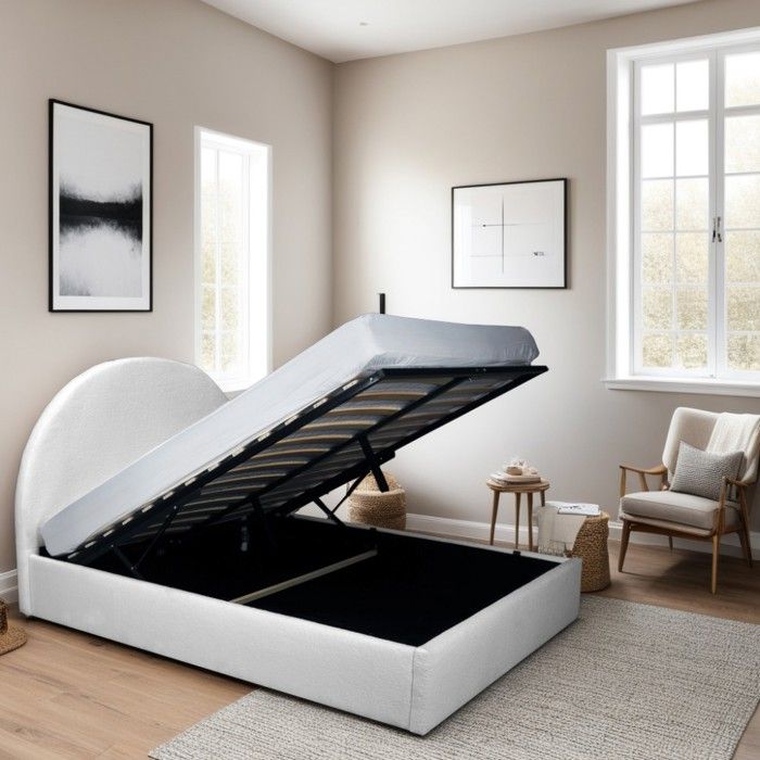 LIT COFFRE TISSU BOUCLETTE 160x200 SHERPA + SOMMIER / Blanc