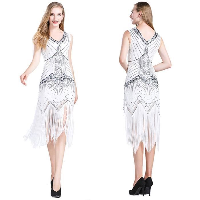 Robe Flapper Gatsby 1920 Pailletée Femme - Robe Cocktail Soirée Avec Franges, Col V Et Accessoires Plumes