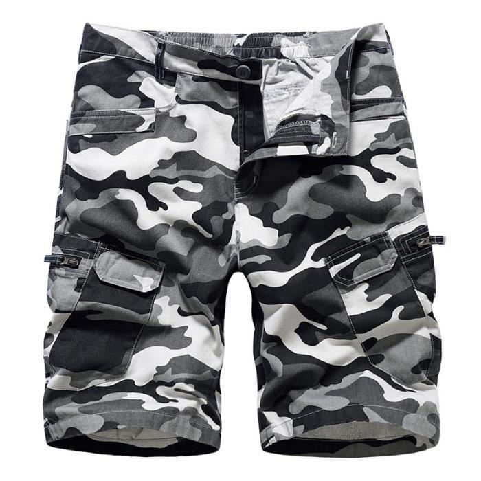 Short Cargo Camouflage Homme Multi-poches Coupe Droite Short Ete en Coton Tissu Confortable - Gris