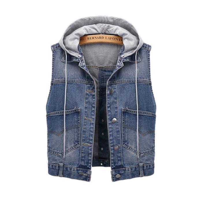Veste en Jean sans Manches pour Femme Veste Courte Capuche Dames
