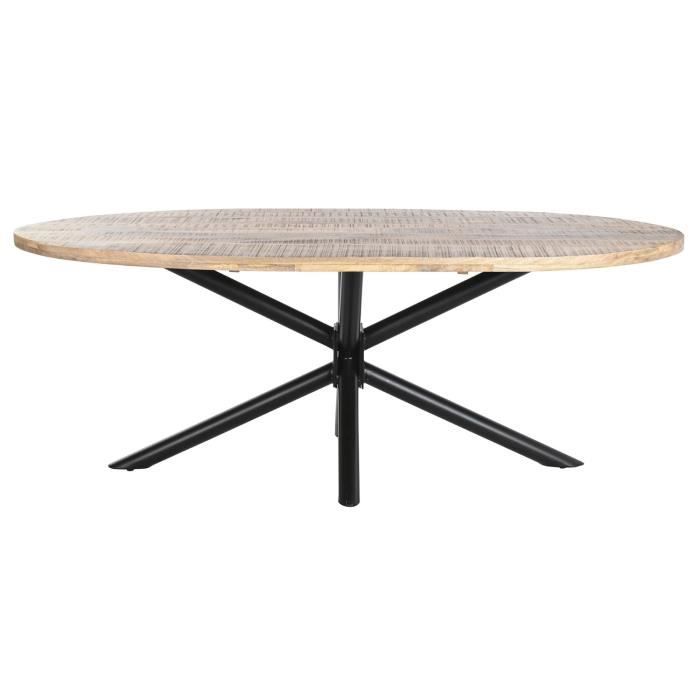table à manger, table repas ovale en bois naturel avec pieds en métal noir - longueur 200 x profondeur 100 x hauteur 76 cm