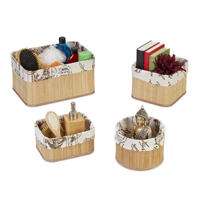 Relaxdays Lot de 4 corbeilles quatre tailles différentes bambou MDF polyester salle bain nature et crème