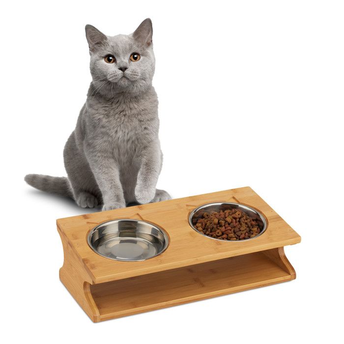 Meilleurs prix pour 2x  Gamelles, Chats et petits chiens, 2 bols de 300 ml chaque, bambou et acier, 12x39x19,5 cm, naturelle/argentée