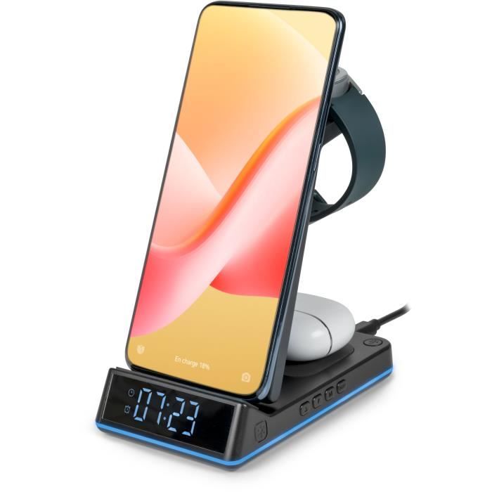 THOMSON CL750IS - Réveil et station de charge 4-en-1 - Compatible Android - Bandeau LED lumineux pour indiquer la charge - Noir