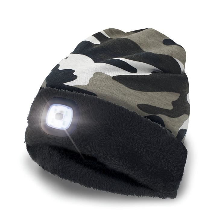 lampe electrique - lampe de poche - attila : bonnet avec lumière frontale led rechargeable. doublé polaire. blanc camouflage