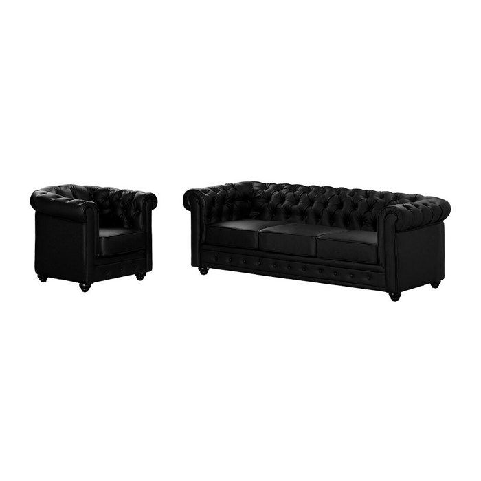 Canapé 3 places et fauteuil CHESTERFIELD - Simili Noir Canapé 3 places et fauteuil CHESTERFIELD - Simili Noir