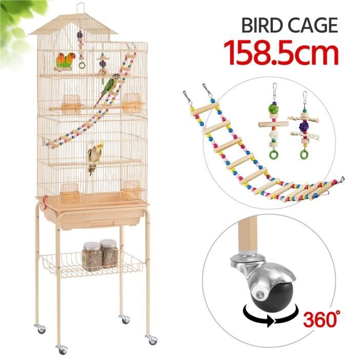 Meilleurs prix pour Cage à Oiseaux sur Pied - 46 x 36 x 159 cm - Équipé 3 Perchoir en Bois 4 Mangeoires 3 Jouets et 1 Swing - Abricot clair - Yaheetech