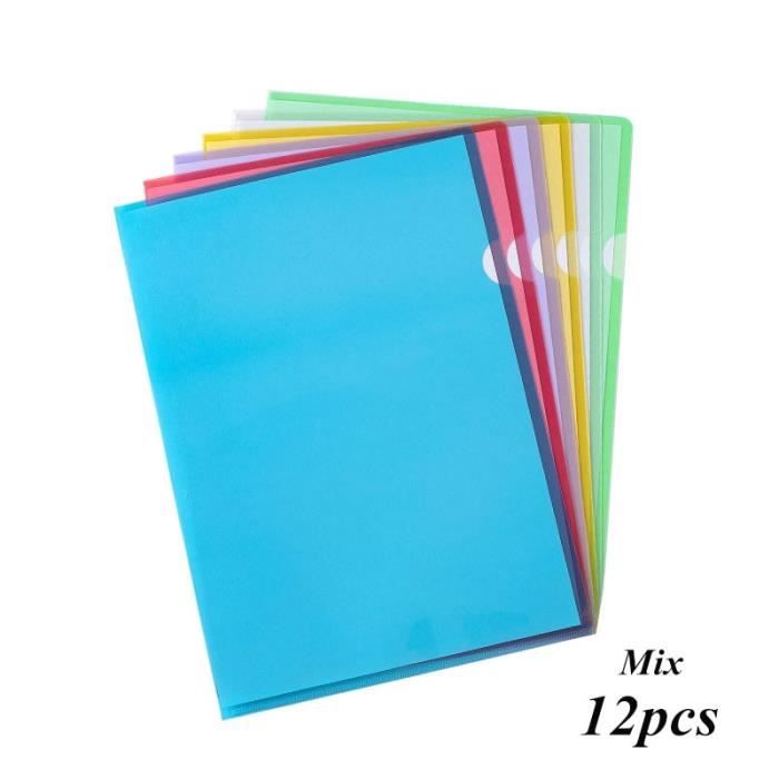 12 Pochettes Plastique A4 Transparentes - 6 Couleurs - Ouverture En L - Perforées - Pour Classement Bureau, école, Maison