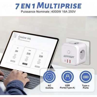 7 En 1 Multiprise Murale USB, Multiprise 4 Prises 1 Port USB-C Et 2 Port USB, Prise Multiple USB 4000W Pour Bureau, Maison