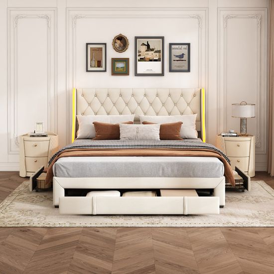 Aneutr Lit 160x200 avec Sommier LED et USB, Lit Double rembourré avec 4 tiroirs, Sommier à Lattes, Tete de LIt avec Rangement, lit 2 Personnes pour Adultes, Adolescents, Velours, Beige (160X200 Aneutr Lit 160x200 avec Sommier LED et USB, Lit Double rembourré avec 4 tiroirs, Sommier à Lattes, Tete de LIt avec Rangement, lit 2 Personnes pour Adultes, Adolescents, Velours, Beige (160X200
