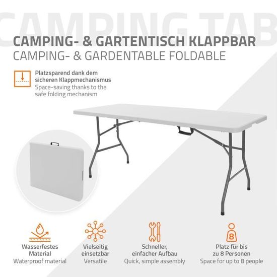 Table Camping pliante polyéthylène et acier 180x76x74cm Blanc