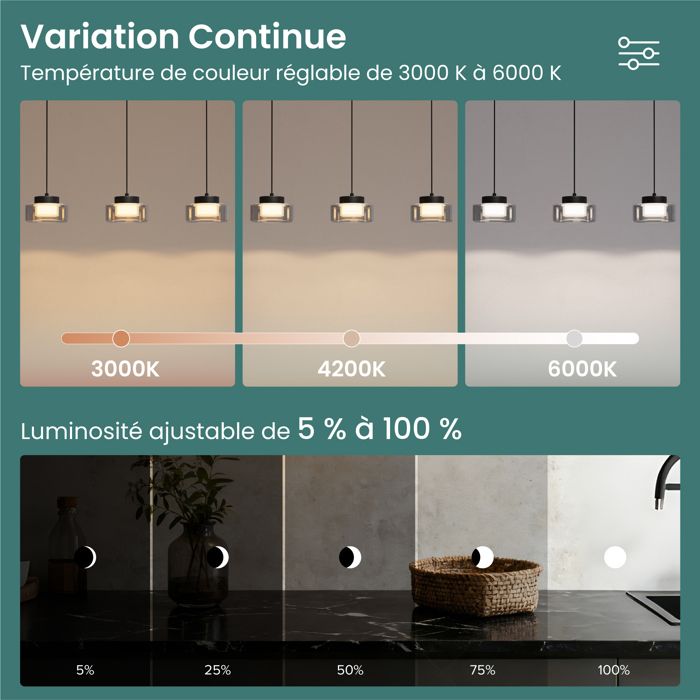 Lustre Suspendu Réglable Mai & Mai - 3 Températures De Couleur (3000K-6000K), Câble 1 M Ajustable, Diamètre 50 Cm, Blanc