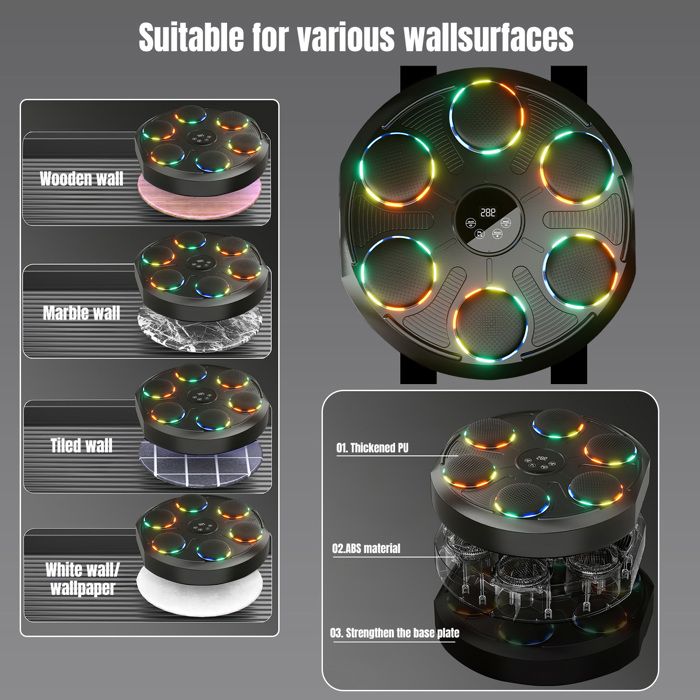 Punching Ball Musical Bluetooth – 12 Niveaux, LED, Installation Murale Sans Perçage – Entraînement Boxe à La Maison