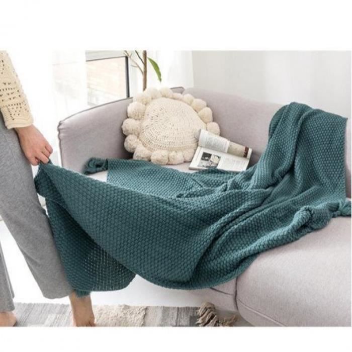 Couverture Canapé Tricotée Style Aztèque Avec Pompons - Jeté Bohème 130x180cm - Multiusages