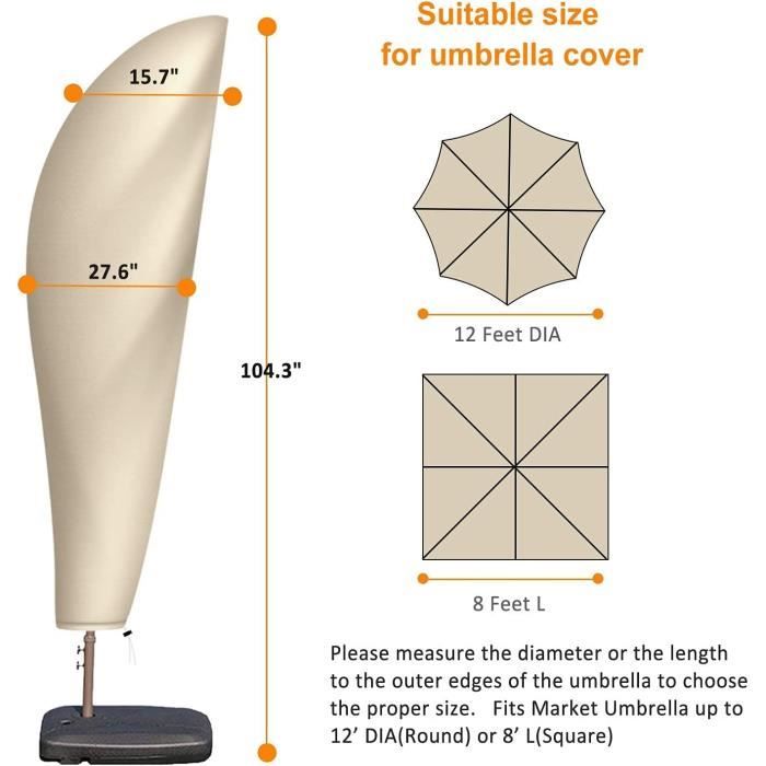 Housse Parasol Terrasse REDRICH 2,1 à 3,4m - Imperméable Avec Fermeture Éclair Et Cordon Serrage