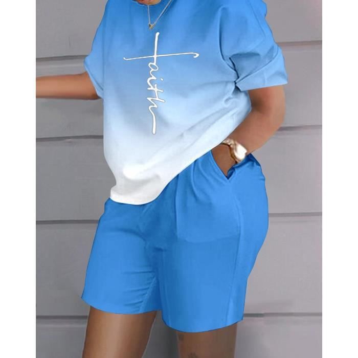 Ensemble deux pieces decontracte pour femme style sport t shirt imprime adt short mode estivale E599143421 Blanc Cdiscount Pret a Porter