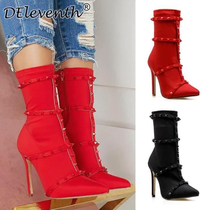 Bottines Femme Rouge Zoupu Talon Aiguille Decoration Cloutee Unique Hauteur de la Tige Moyenne Rouge Cdiscount Chaussures
