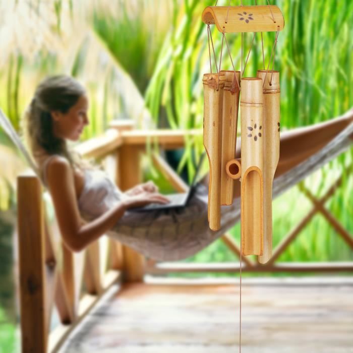 Relaxdays Carillon à vent bambou, moulin à vent, son, décoration jardin,  bois, feng shui mobile, 71 cm, nature