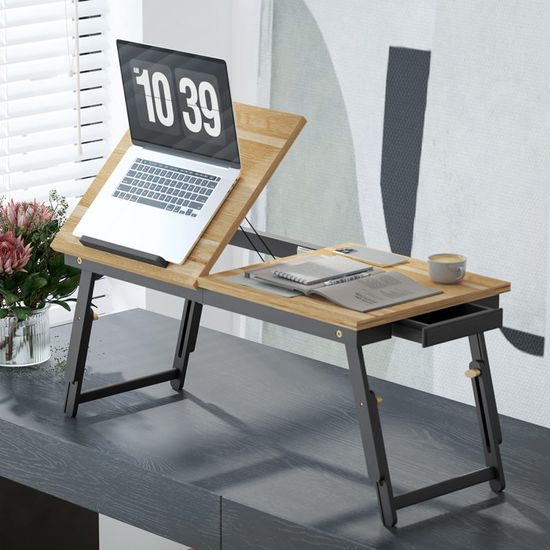 Table De Lit Pliable HOMCOM - Plateau Réglable Inclinable, Tiroir, En Bambou, Noir