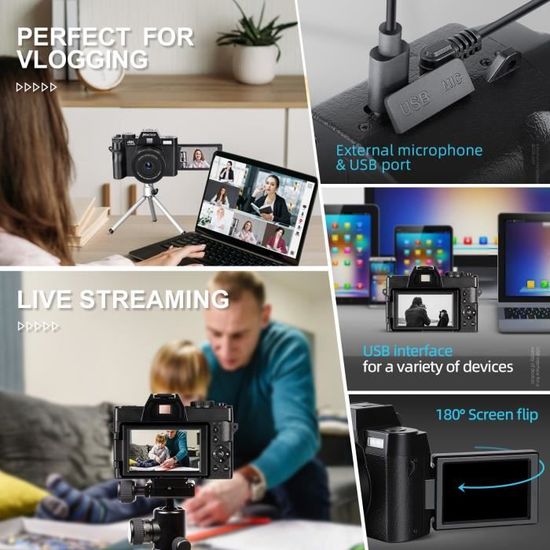 Appareil Photo Numérique 4K 48MP Avec écran Rotatif 180° - Zoom 16X, Objectifs Grand Angle Et Macro Inclus - Idéal Pour Vlogging Et Photo - Carte 32GB Offerte