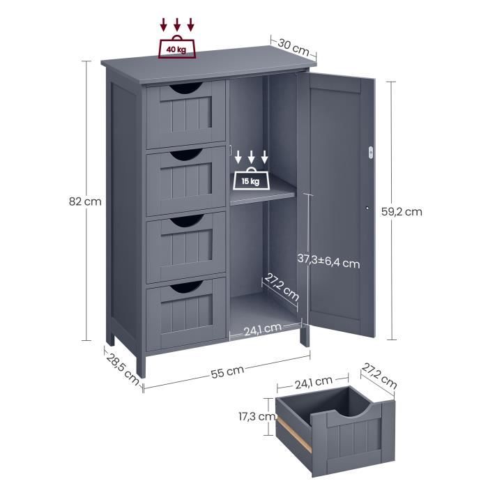 VASAGLE Armoire De Salle De Bain Avec 4 Tiroirs - Meuble Rangement Blanc 30x30x82 Cm