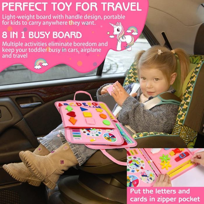 Busy Board Montessori En Feutre – Livre D'Activités Pour Tout-Petits 1-4 Ans – Motricité Fine, Alphabet, Chiffres, Animaux – Cadeau Éducatif Rose