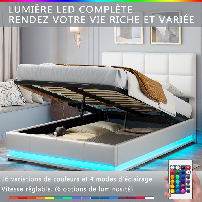 Lit Coffre 140x190cm Avec LED Et USB - Rangement Hydraulique - Sommier Inclus - Velours Beige